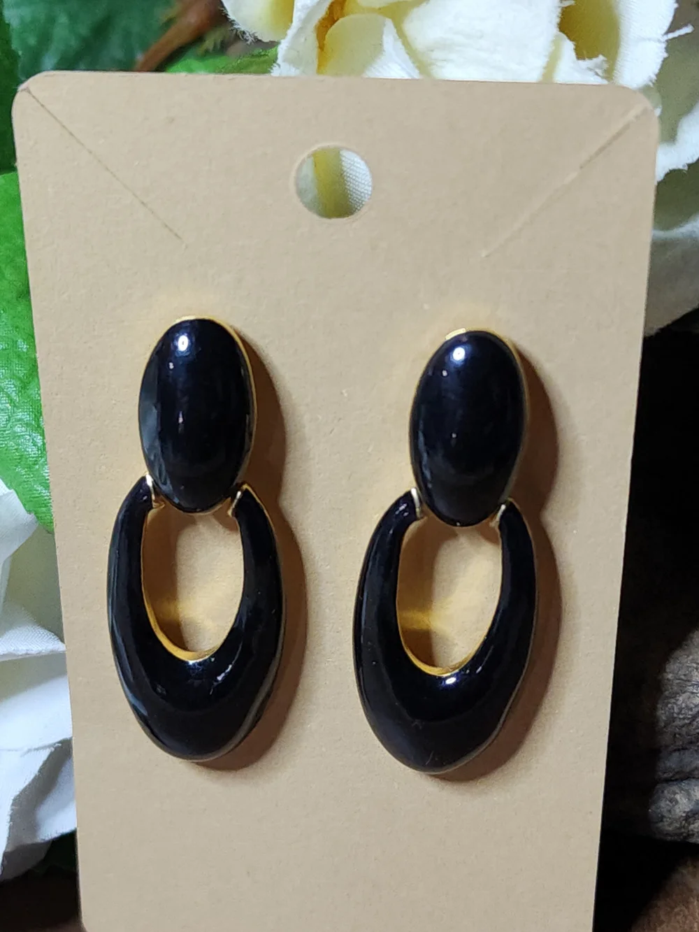 Signed Monet Black and Gold Oval Drop Pierced Earrings